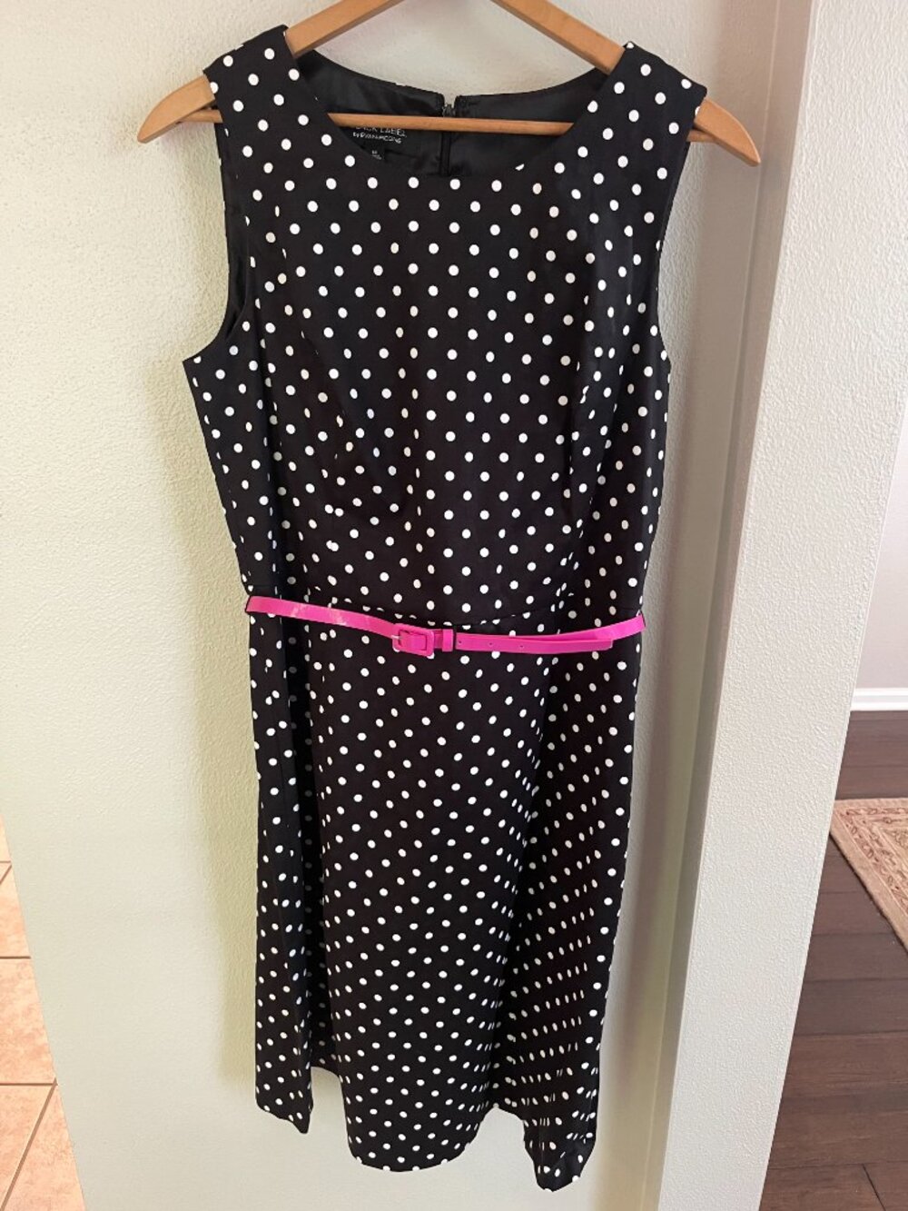 Black Label Evan Picone Polka Dot Sleeveless A-Line Dress w/Pink Belt